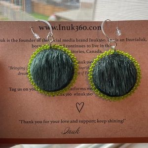 Authentic Sealskin Inuit Earrings with Kelly Green Beading